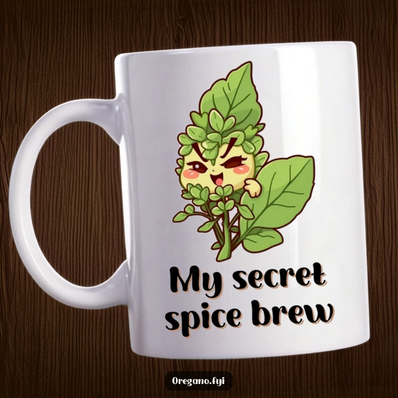 Funny mug: An oregano character winks slyly while hiding behind a large basil leaf, suggesting playful mischief.