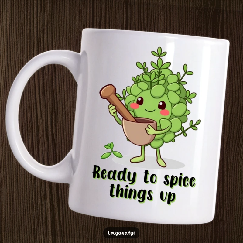 Funny mug art: An oregano leaf character holds a miniature mortar and pestle, looking ready to grind herbs with determination.