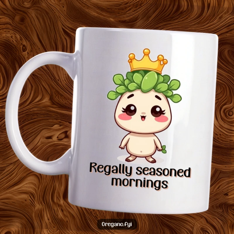 Funny mug featuring an oregano sprig character wearing a tiny crown, exuding regal charm with a comically amusing expression.