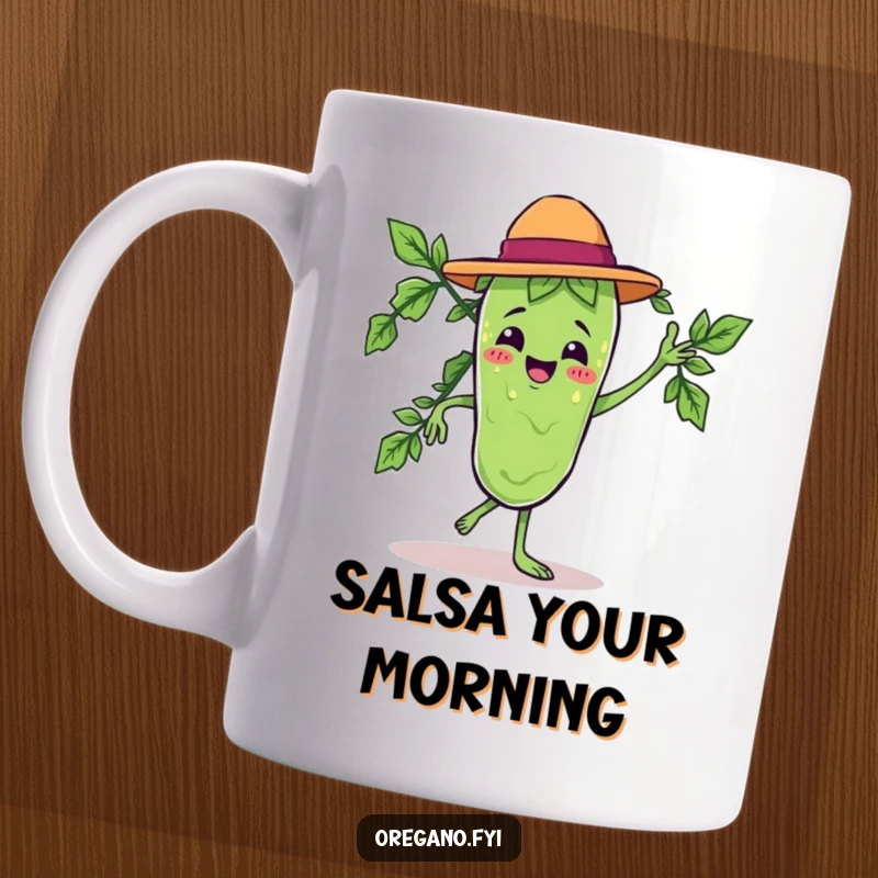 Funny mug featuring a cute Kawaii oregano leaf character doing a dramatic and joyful salsa dance.