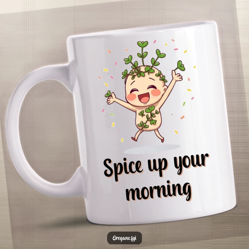 Funny oregano sprig character joyfully dancing amidst colorful confetti, a celebration of herbal fun.