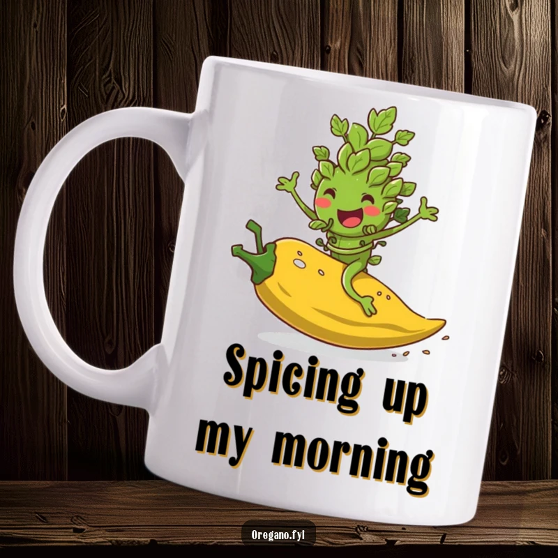 Funny mug featuring a jubilant oregano leaf character joyfully riding a tumbling, red pepper flake like a wild ride.