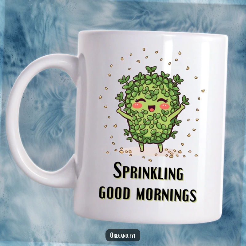 Funny oregano character cheerfully scatters tiny seeds like confetti, spreading joy and potential growth.