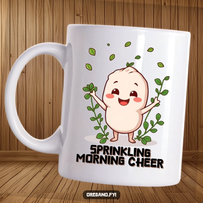 Funny oregano character with a big smile, happily tossing herb leaves in the air, a cheerful mug.