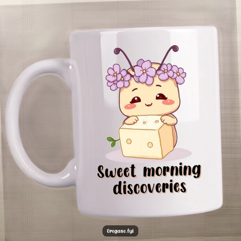 Funny mug featuring a smiling oregano herb with two tiny antennae curiously inspecting a sugar cube, exploring sweetness.