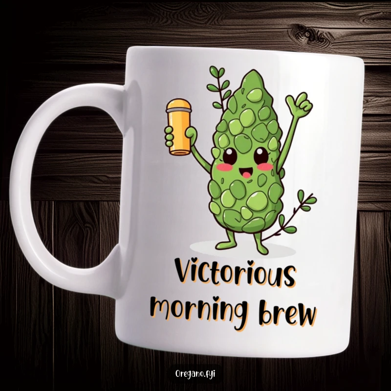 Funny mug features a triumphant oregano leaf character holding a golden spice shaker high, celebrating seasoning mastery.