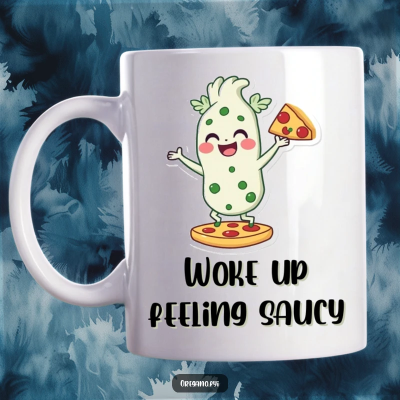 Funny mug featuring an oregano character with a wide smile playfully dancing on a pizza slice, celebrating pizza joy humorously.