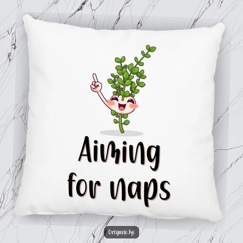 Funny smiling oregano sprig pillow pointing upwards with a tiny leaf, soft and humorous decor for sofas and beds.