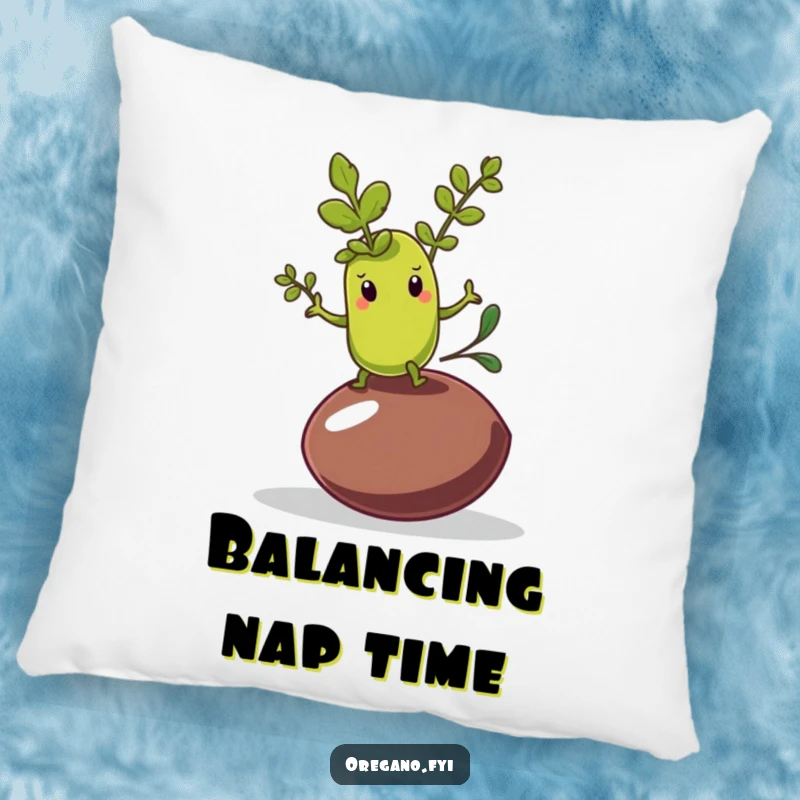 Funny pillow with an oregano leaf character attempting to balance on a wobbly olive pit, adding playful comfort.