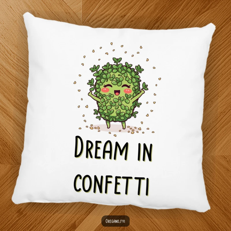 Funny oregano character joyfully scatters seeds like confetti, offering soft comfort and garden humor.