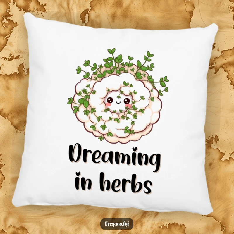 Funny pillow with a swirling oregano cloud and happy little eyes, offering soft comfort and whimsical appeal. Home accent.