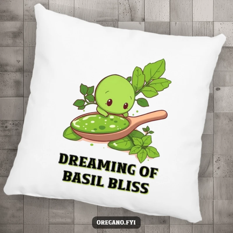 Funny pillow decor: An oregano leaf character curiously explores a giant spoonful of pesto, adding a humorous, comfortable touch to any room.