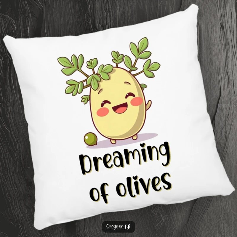 Funny cute oregano character smiling sweetly as a small olive rolls by, a soft and humorous pillow.