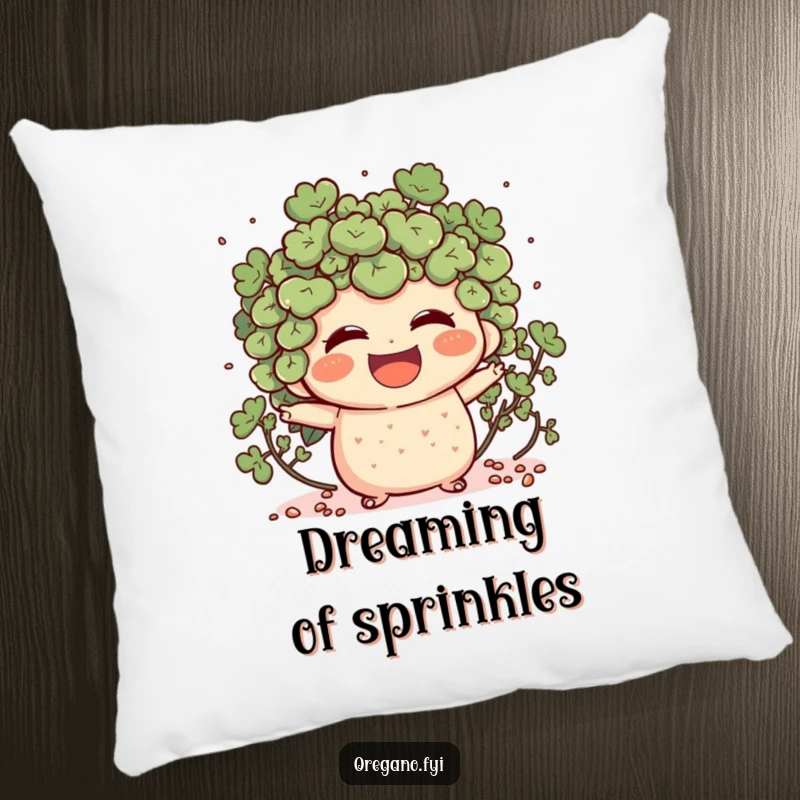 Funny pillow design of an oregano character laughing heartily, with tiny specks scattering outwards from its joyful expression.