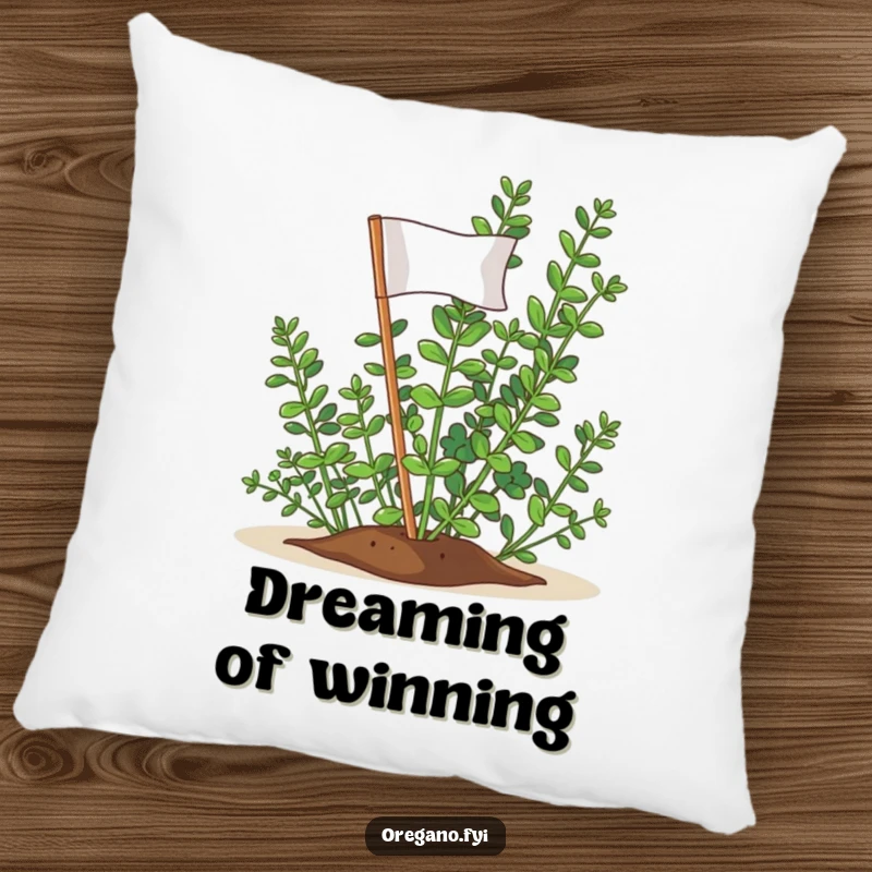 Funny Oregano Victory Flag Pillow: A proud oregano sprig planting a flag, symbolizing victory and comfort.