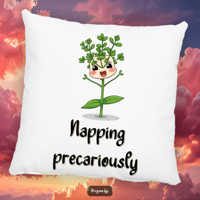 Funny pillow featuring an oregano sprig character comically balancing on a single leaf, offering plush comfort with a side of humorous instability.