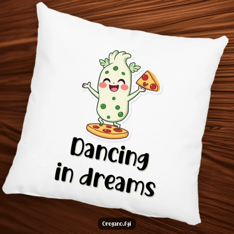 Funny pillow featuring an oregano character dancing on a pizza slice, a decorative and humorous accent for pizza fans.
