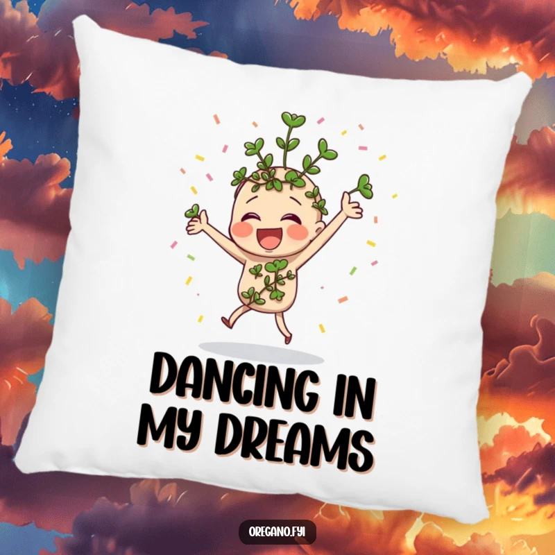 Funny oregano sprig dancing with confetti on a soft and festive pillow.