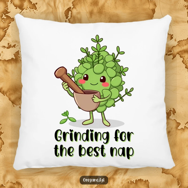 Funny pillow decor: An oregano leaf character holds a tiny mortar and pestle, ready to grind herbs, adding a humorous touch to comfort.