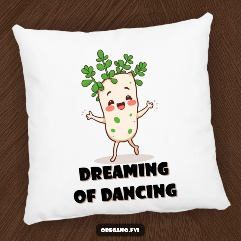 Funny Kawaii oregano sprig character doing a silly jig with its leaves, plush pillow with lively and humorous theme, cozy home accent.