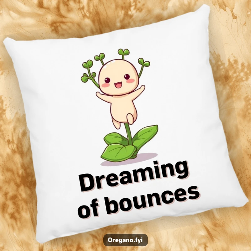Funny pillow design of a cute kawaii oregano herb hopping on one leaf, providing plush comfort with a dose of joy.