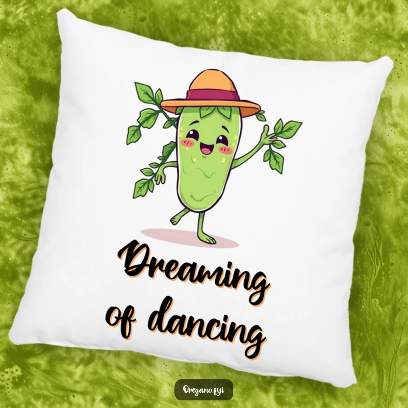 Funny pillow with a Kawaii oregano leaf character dancing salsa, bringing cozy energy and humorous charm.