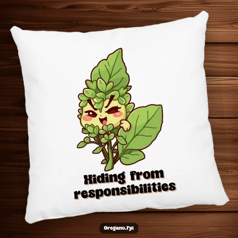 Funny pillow: A mischievous oregano character winks from behind a basil leaf, perfect for cozy secrets.