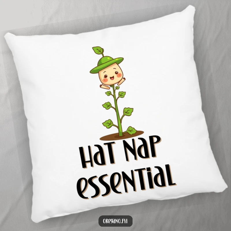 Funny pillow design of a cheerful oregano herb wearing a tiny leaf hat on its stem, offering plush comfort and whimsical appeal.