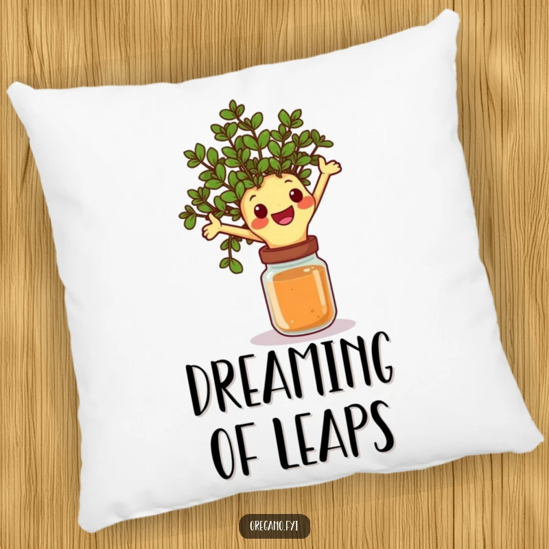 Funny pillow featuring a happy oregano sprig character joyfully leaping over a spice jar, offering plush comfort and a spirited herbal touch.