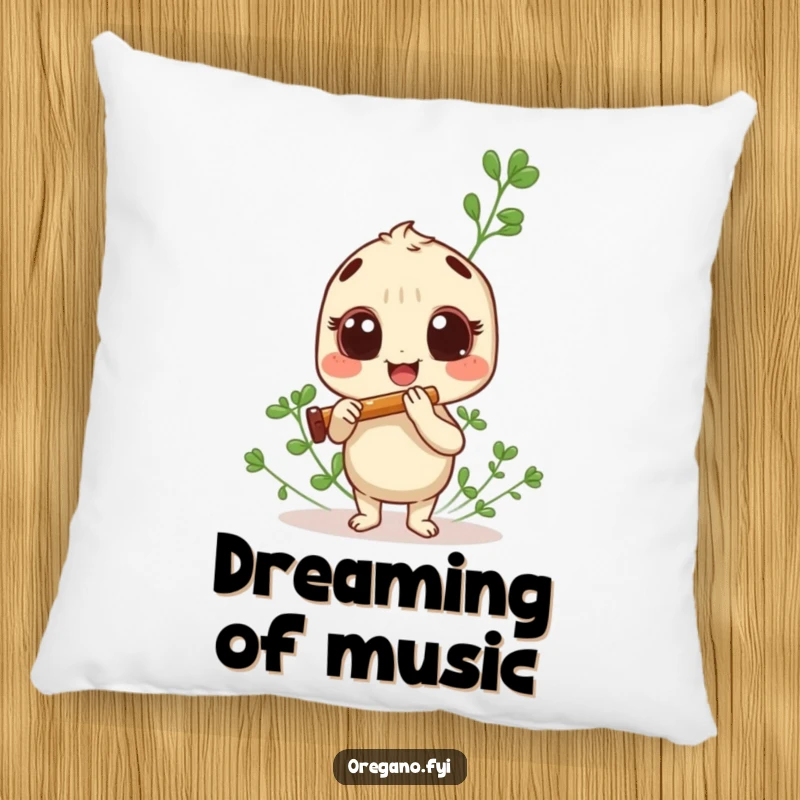 Funny oregano sprig pillow, joyfully playing a miniature panpipe, soft and decorative herb accent.