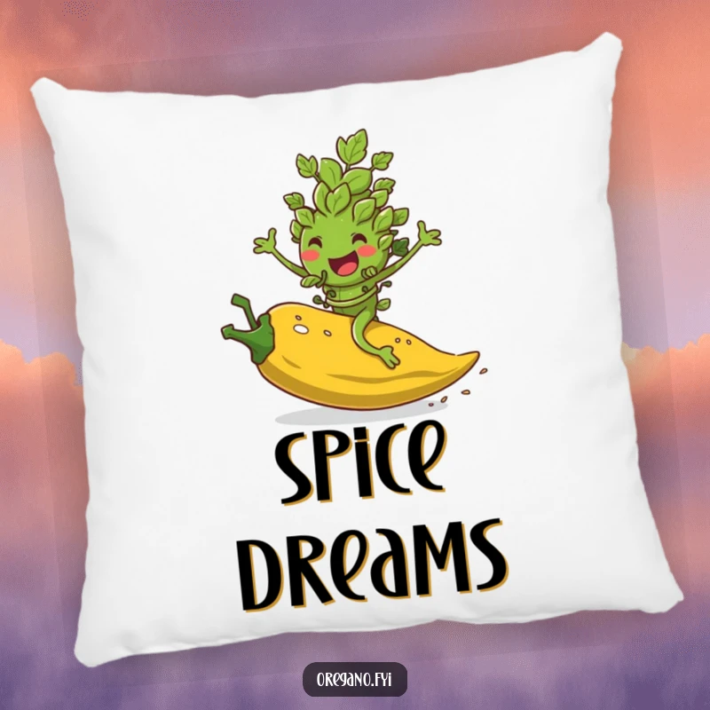 Funny pillow depicting an oregano leaf character joyfully riding a rolling pepper flake, bringing comfort and spicy humor.