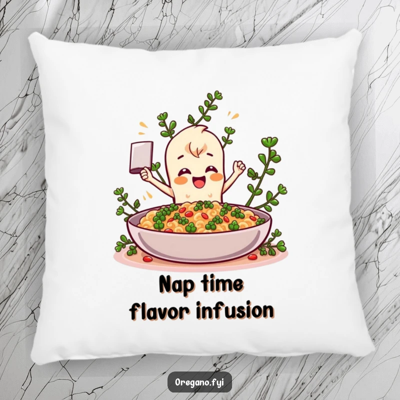 Funny Oregano pillow, a cozy herb character enthusiastically adding flavor to a dish, offering comfort and humor. An adorable decorative gift.