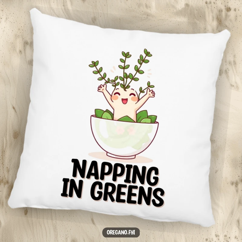 Funny Kawaii oregano sprig character joyfully leaping into a tiny salad bowl, a soft and humorous decorative pillow.