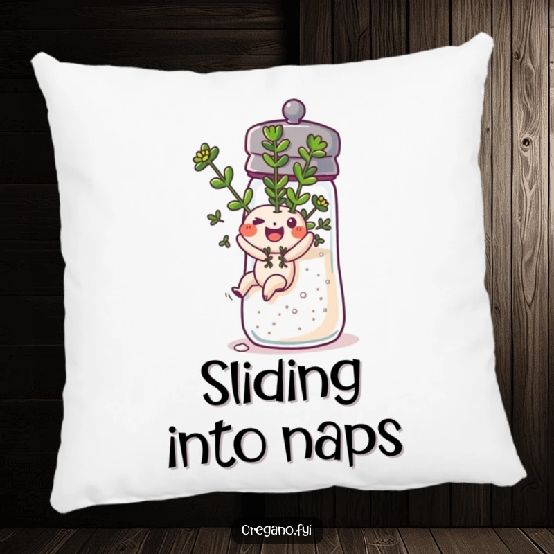 Funny oregano sprig sliding down a salt shaker on a soft pillow, offering comfort and a whimsical representation of adventure.