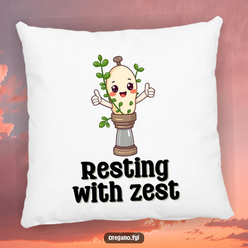 Funny Kawaii oregano sprig character giving a thumbs up while balancing on a pepper mill, a soft and humorous decorative pillow.