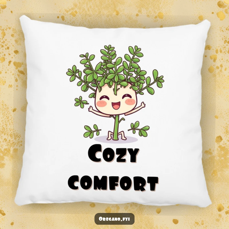 Funny pillow featuring a happy oregano sprig wiggling its leaves, offering comfort and herbaceous cheer.