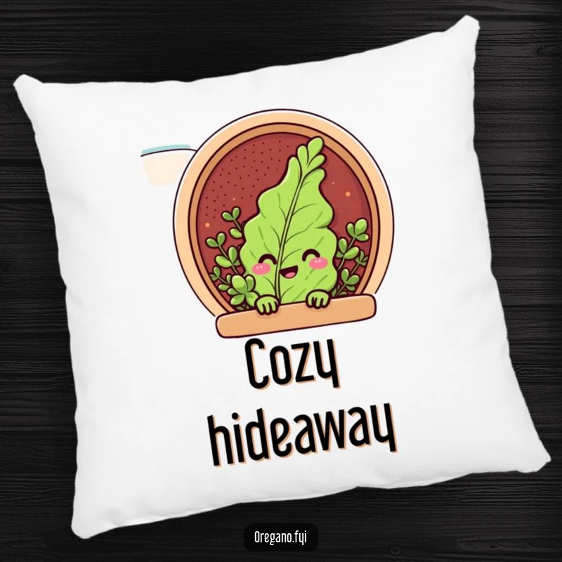 Funny pillow with a cheerful oregano leaf character peeking from a spice rack, a soft and humorous decorative accent.