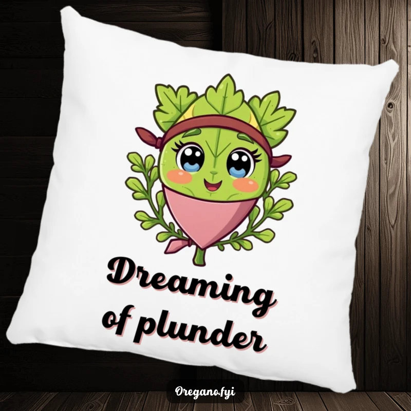 Funny pillow with a happy oregano leaf wearing a pirate bandana, bringing cozy adventure and humorous charm.