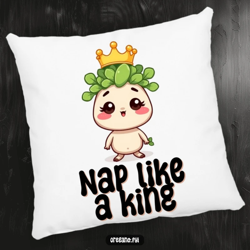 Funny pillow featuring a regal oregano sprig character wearing a tiny crown, providing plush comfort with a side of humorous majesty.