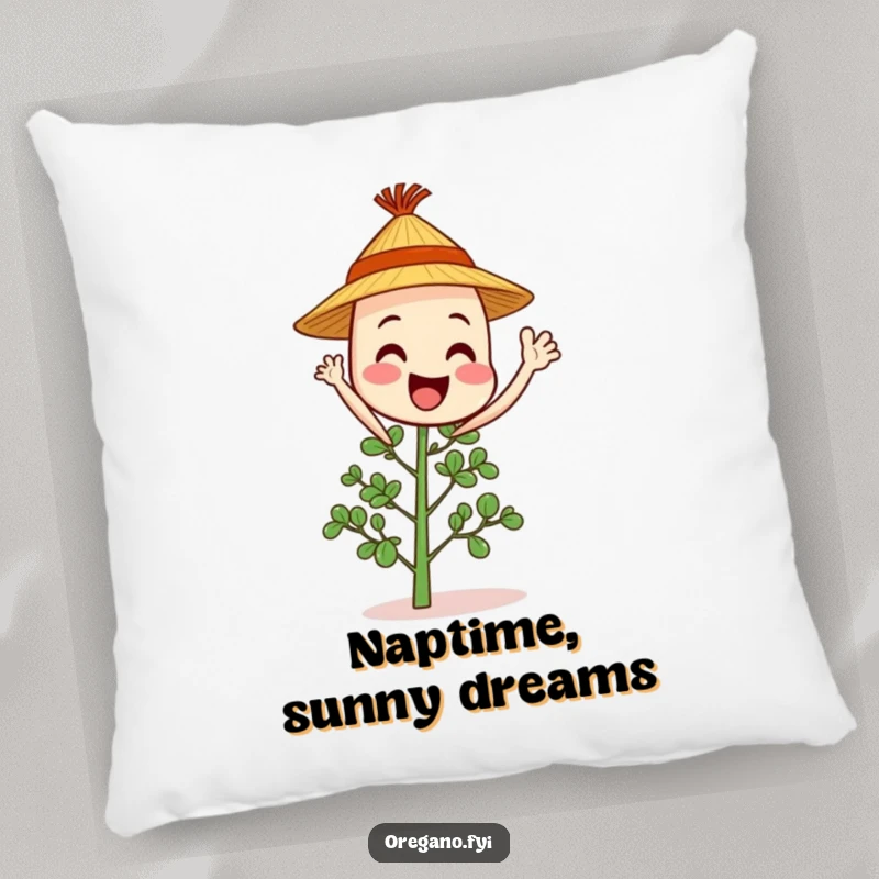 Cheerful oregano sprig character in a straw hat waves hello, offering soft comfort and herbal cheer.