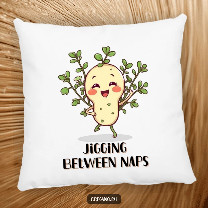 Funny pillow featuring a smiling oregano sprig character doing a jaunty jig, offering plush comfort and a humorous dose of herbal cheer.