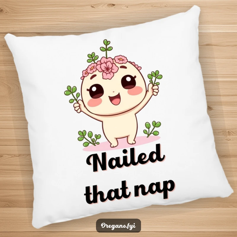 Funny kawaii oregano sprig character cheering with its tiny leaves held high on a plush pillow, bringing comfort and joy.