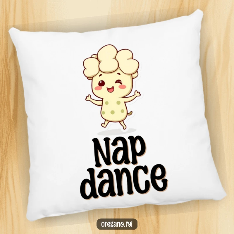Funny pillow featuring a smiling oregano character dancing joyfully, offering comfort and herbaceous cheer.