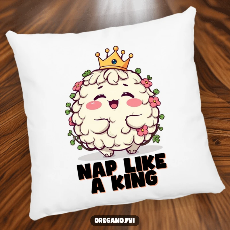 Funny plump oregano character pillow giggling while wearing a tiny crown, soft and humorous decor for sofas and beds.