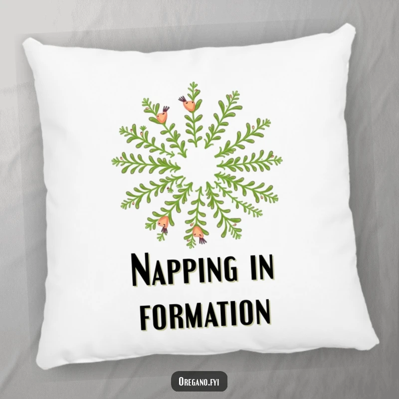 Funny pillow: Happy oregano sprigs dance in a fragrant circle, perfect for cozy, aromatic humor.