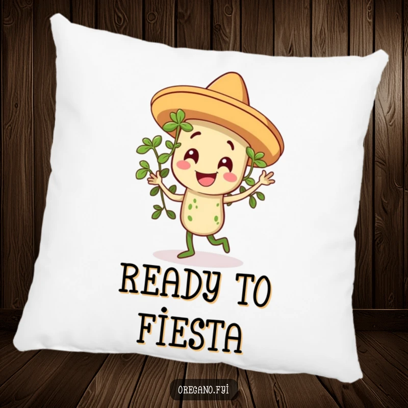 Funny pillow showcasing a smiling oregano sprig in a miniature sombrero, dancing with joy and a festive spirit.