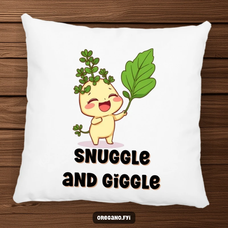 Funny pillow with a giggling oregano sprig character being playfully tickled by a curry leaf, soft and irresistibly funny.
