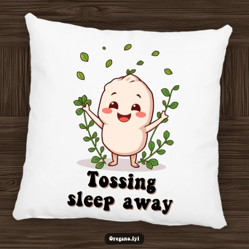 Funny oregano character smiling and tossing leaves on a soft and cheerful pillow.