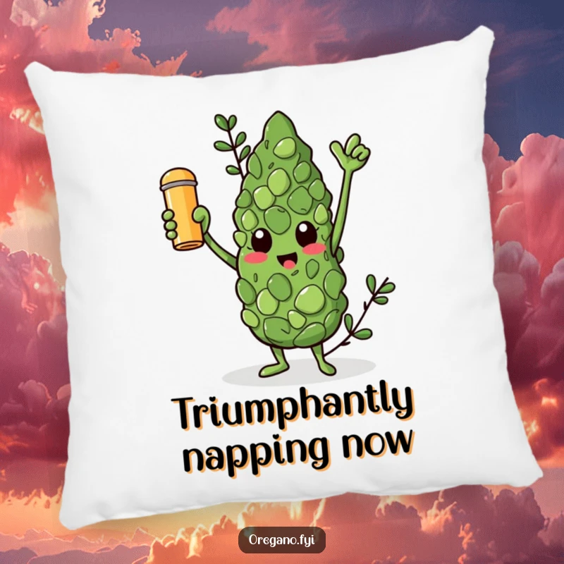 Funny pillow with a triumphant oregano leaf character holding a golden spice shaker aloft, adding playful comfort.