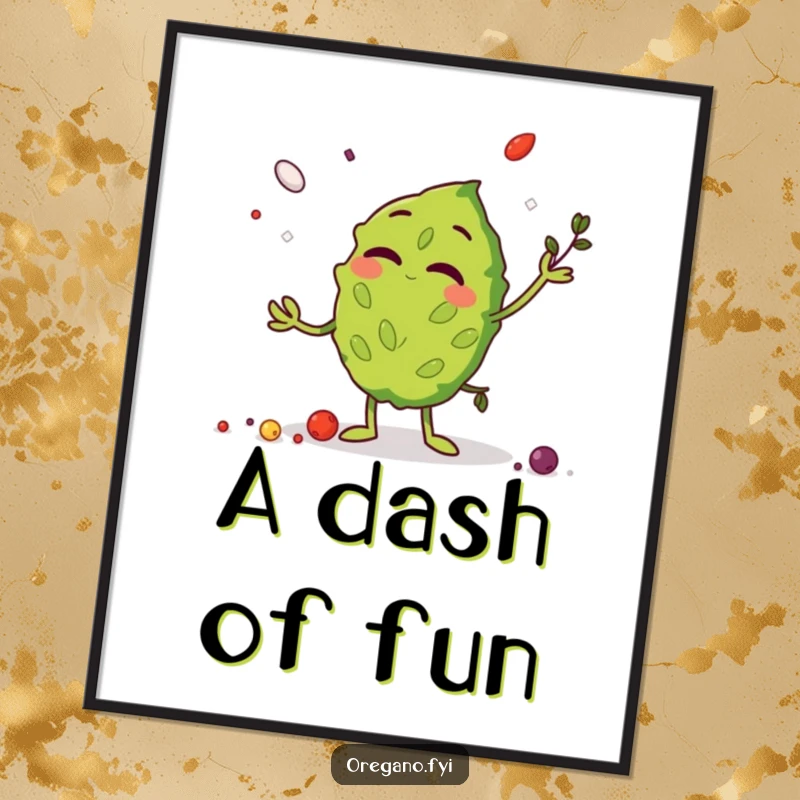 Funny Digital Art Print of a giggling oregano leaf character juggling spices, perfect for instant humorous wall decor.